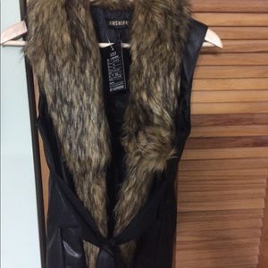 Fake leather vest with fake fur around neck